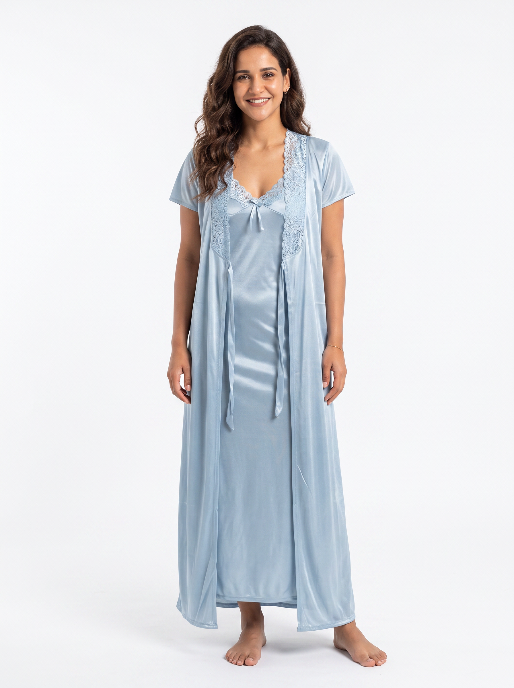 Satin Long Bridal Night Wear - Sky Blue - 1500B