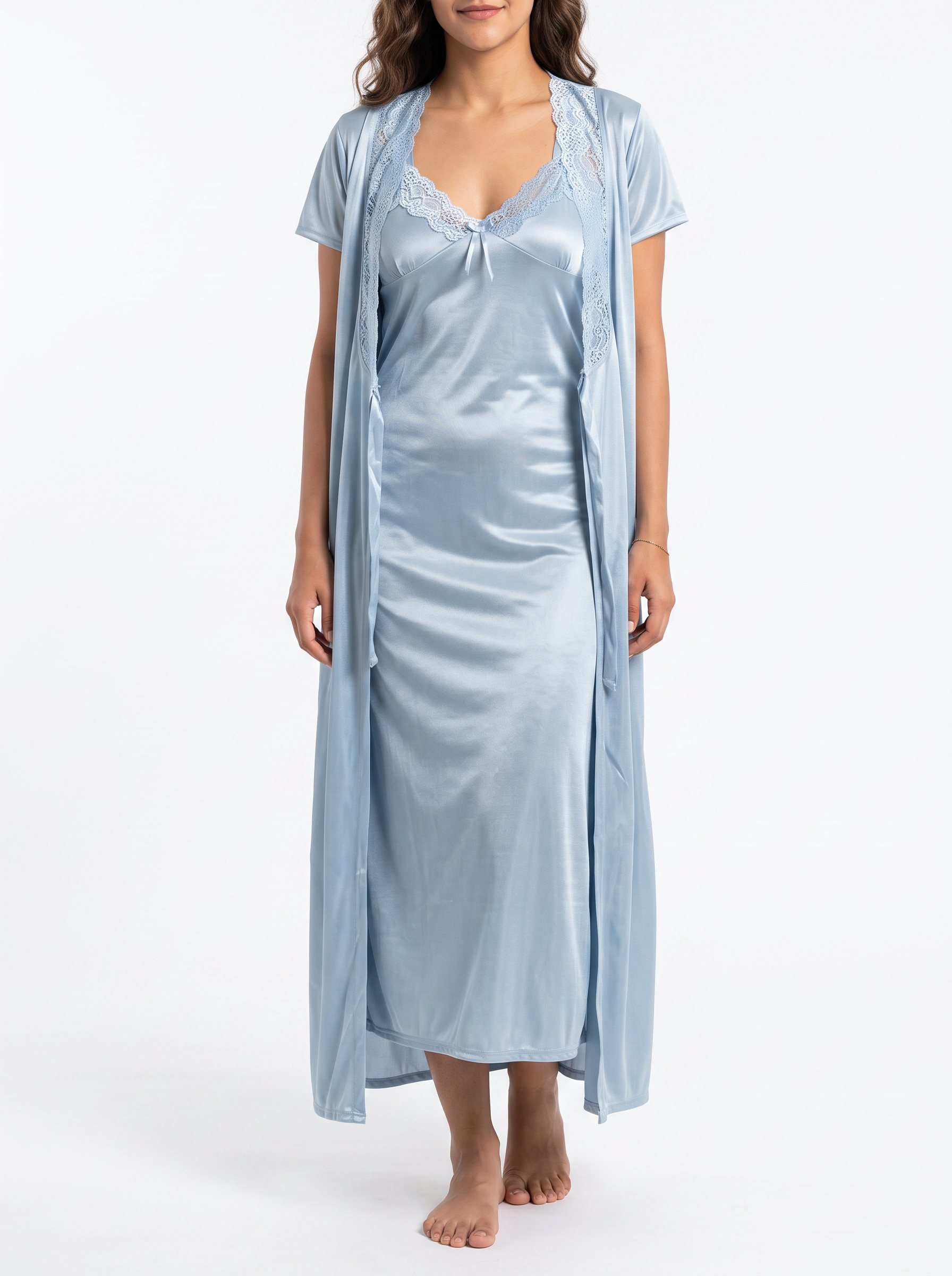 Satin Long Bridal Night Wear - Sky Blue - 1500B