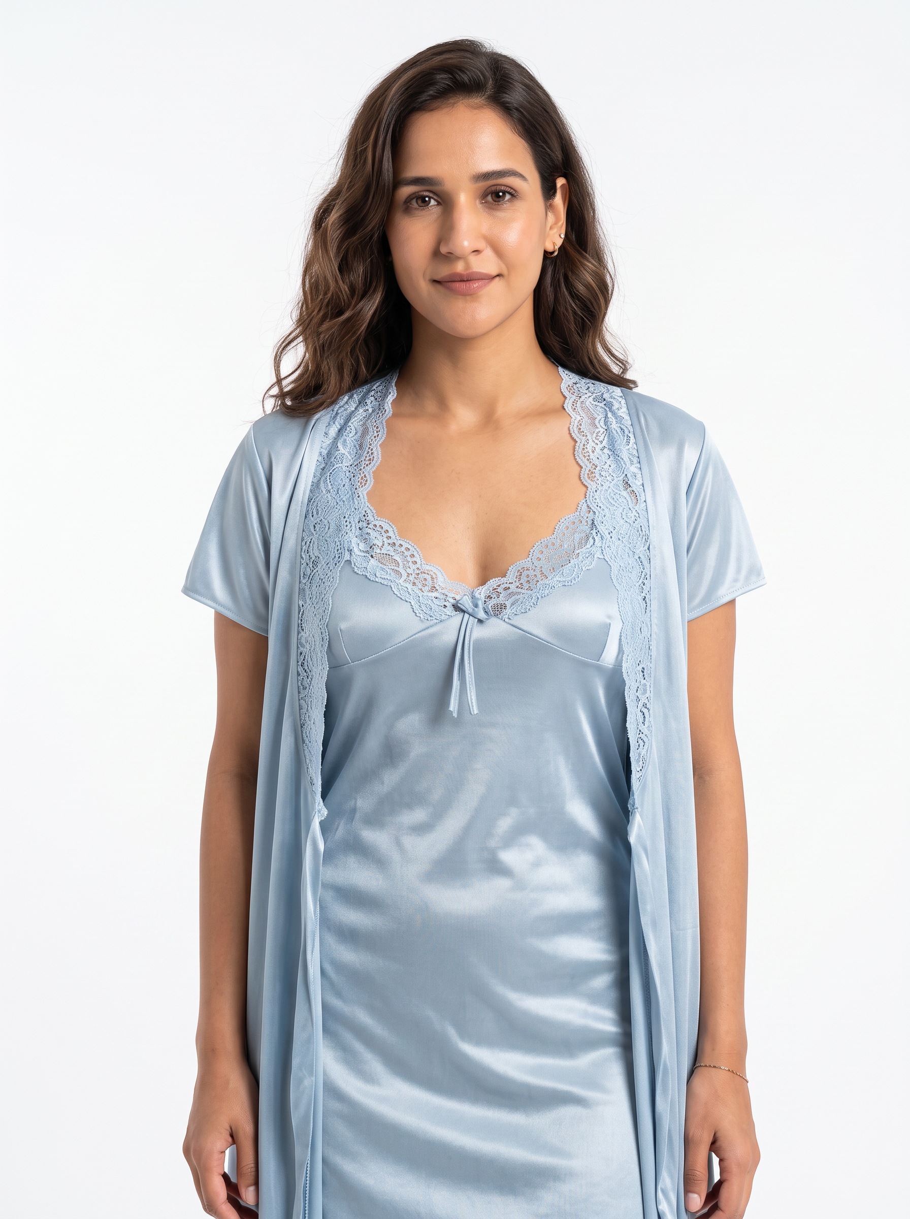 Satin Long Bridal Night Wear - Sky Blue - 1500B