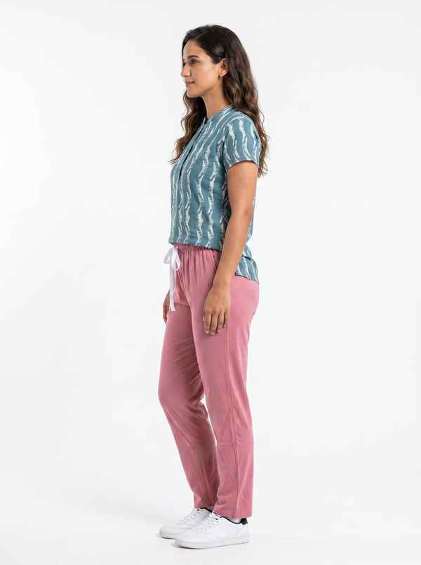 Cotton Top with Pyjama Night Suit - Green - 5249B