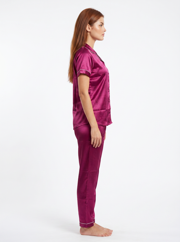 Satin Top with Pyjama Night Suit - Cherry - 13368