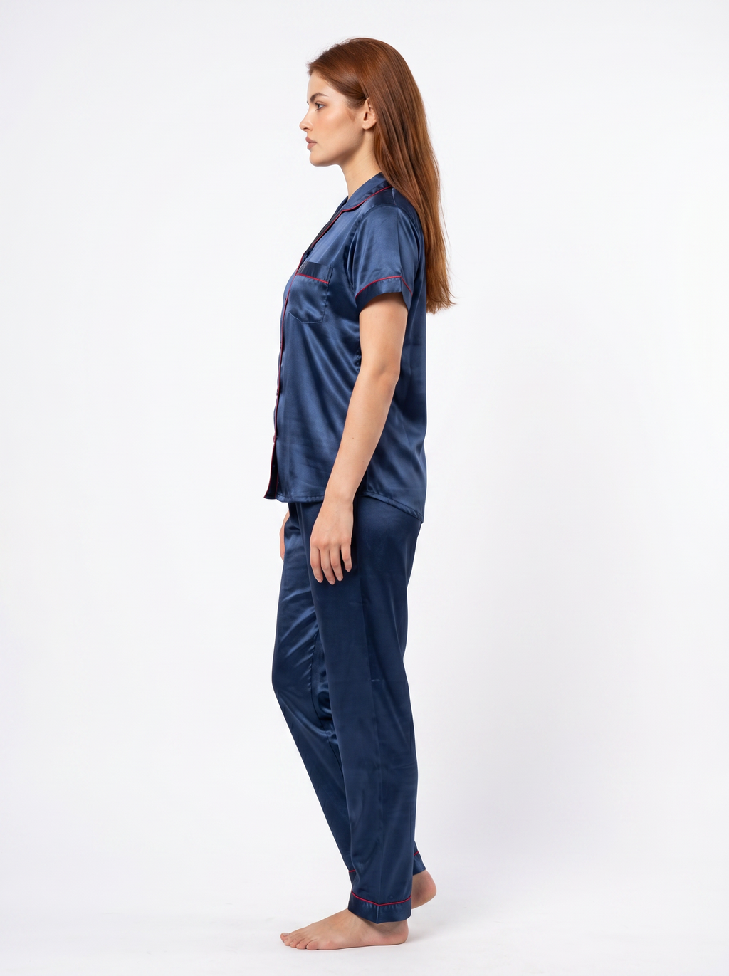 Satin Top with Pyjama Night Suit - Navy Blue - 13368