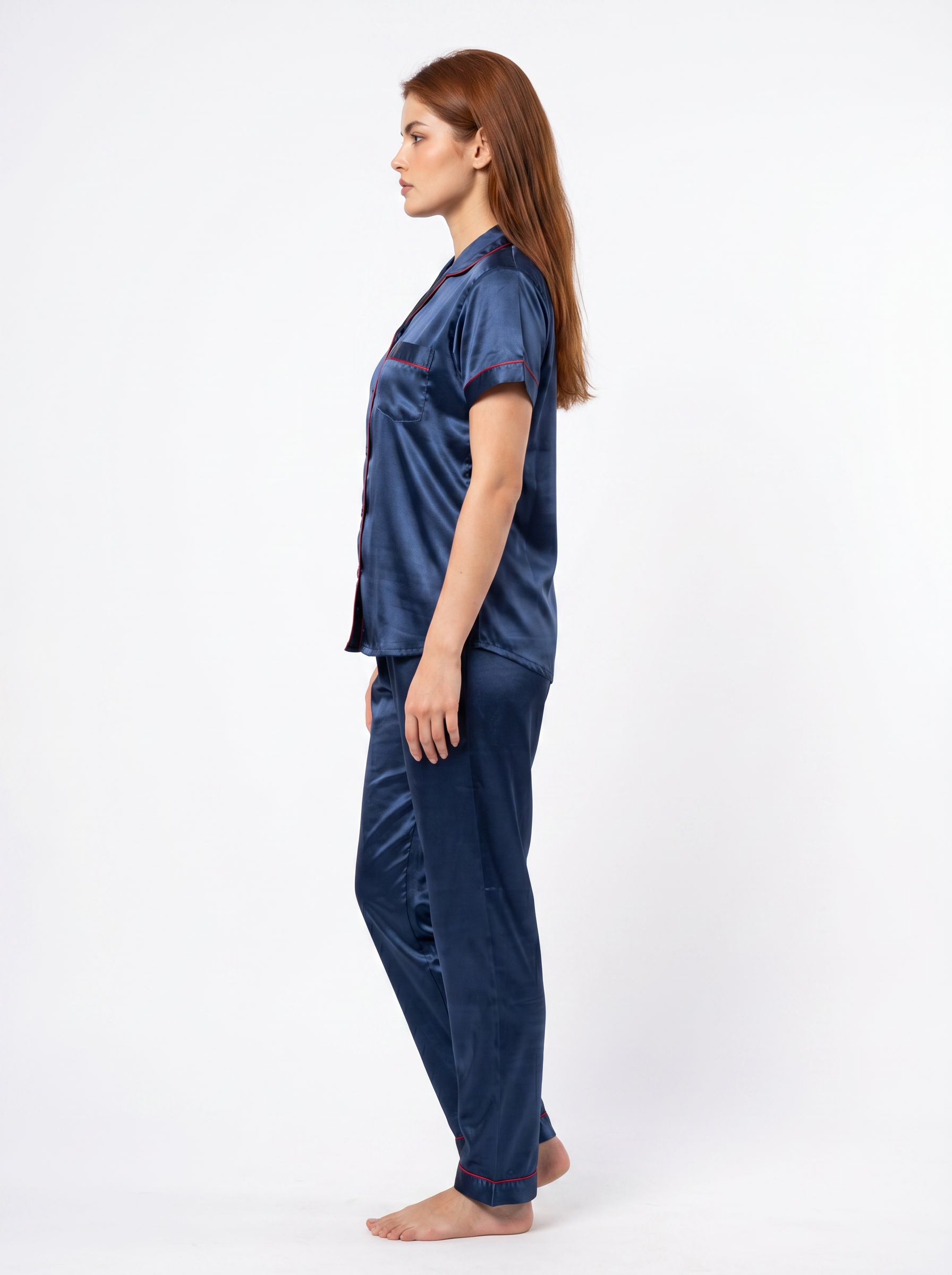 Satin Top with Pyjama Night Suit - Navy Blue - 13368