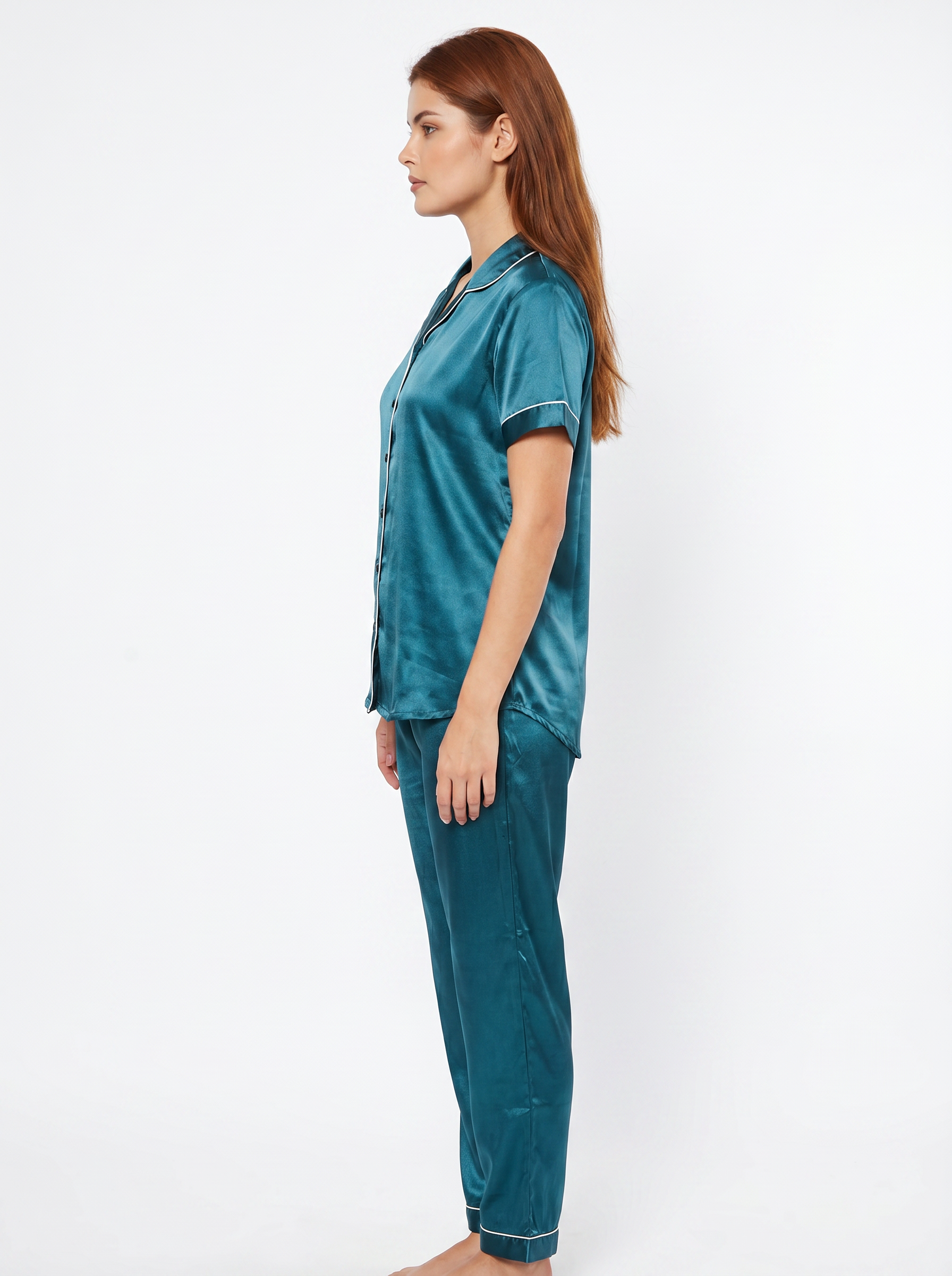 Satin Top with Pyjama Night Suit - Peacock - 13368