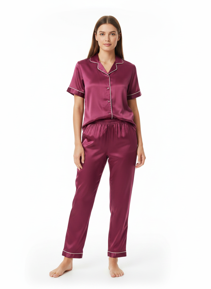 Satin Top with Pyjama Night Suit - Cherry - 13368