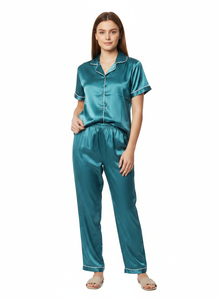 Satin Top with Pyjama Night Suit - Peacock - 13368