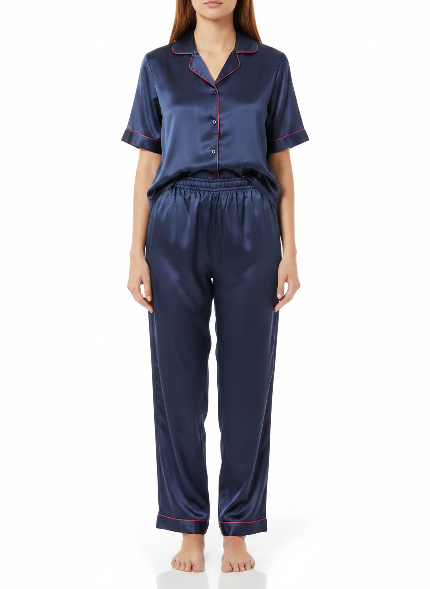Satin Top with Pyjama Night Suit - Navy Blue - 13368