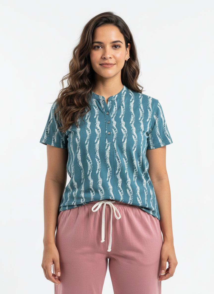 Cotton Top with Pyjama Night Suit - Green - 5249B