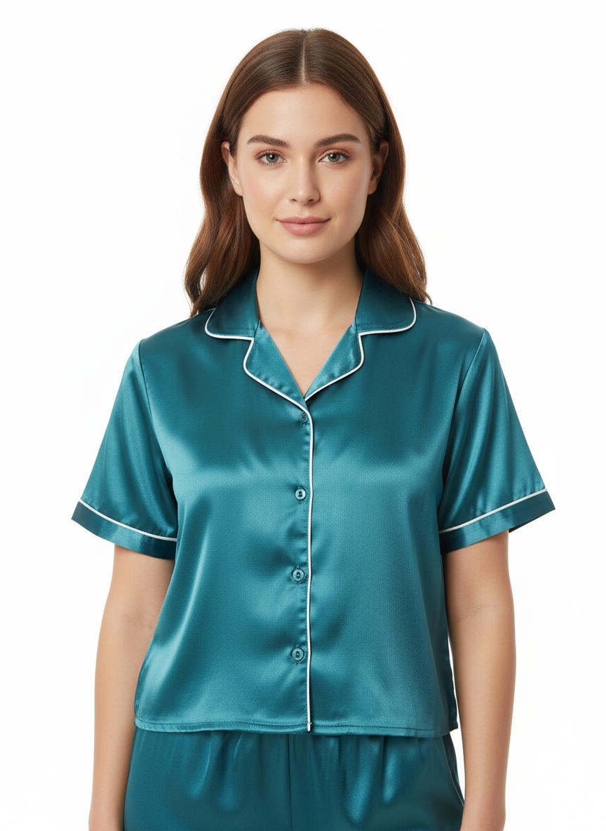 Satin Top with Pyjama Night Suit - Peacock - 13368