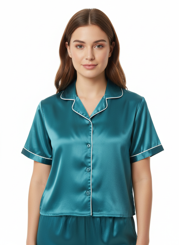 Satin Top with Pyjama Night Suit - Peacock - 13368