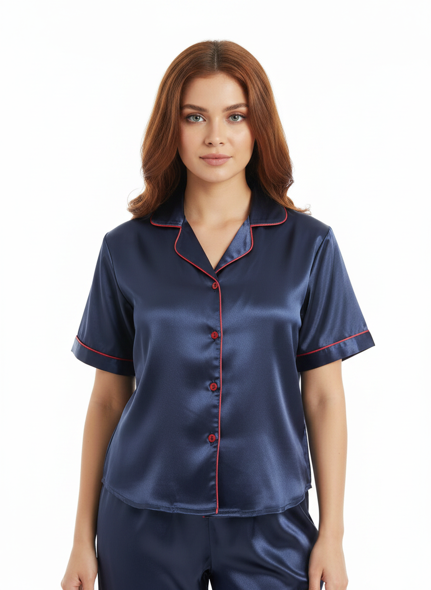 Satin Top with Pyjama Night Suit - Navy Blue - 13368