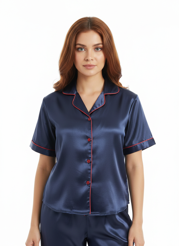 Satin Top with Pyjama Night Suit - Navy Blue - 13368