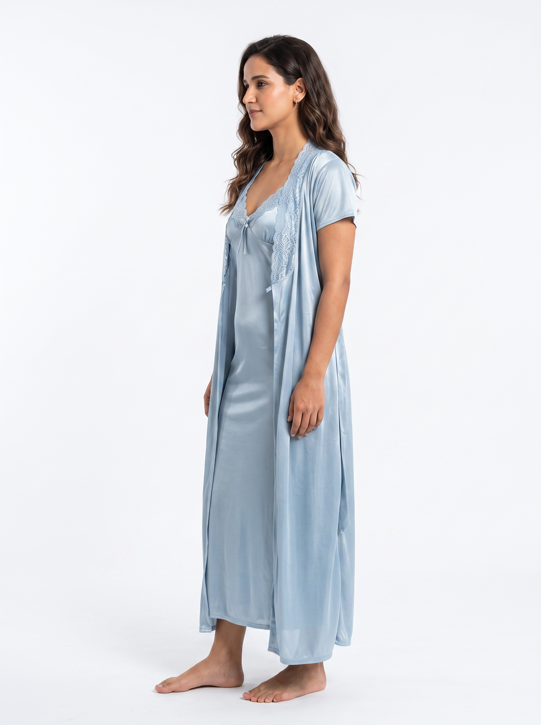 Satin Long Bridal Night Wear - Sky Blue - 1500B