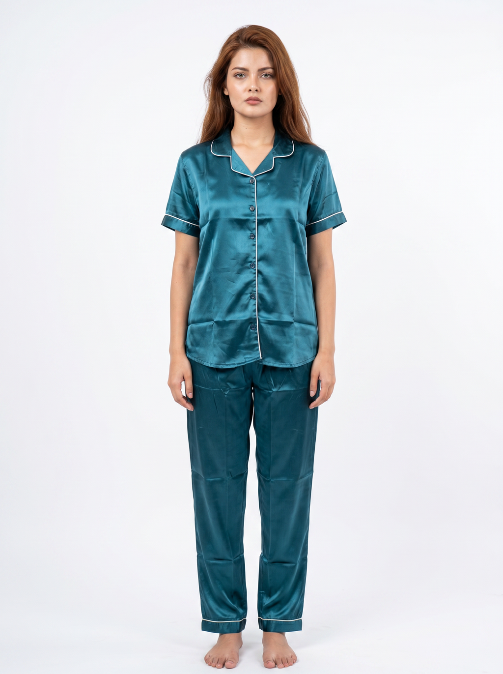 Satin Top with Pyjama Night Suit - Peacock - 13368