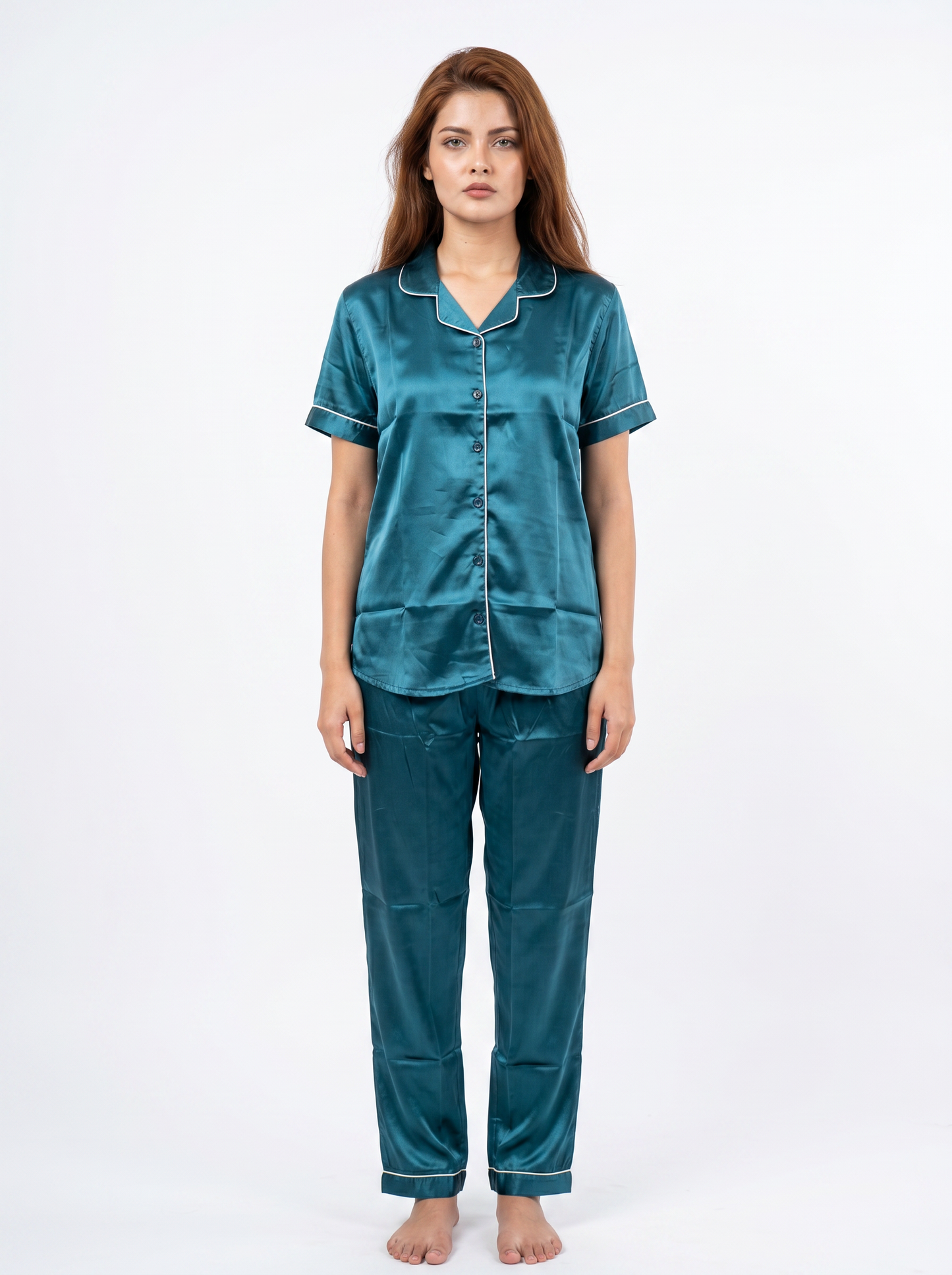 Satin Top with Pyjama Night Suit - Peacock - 13368