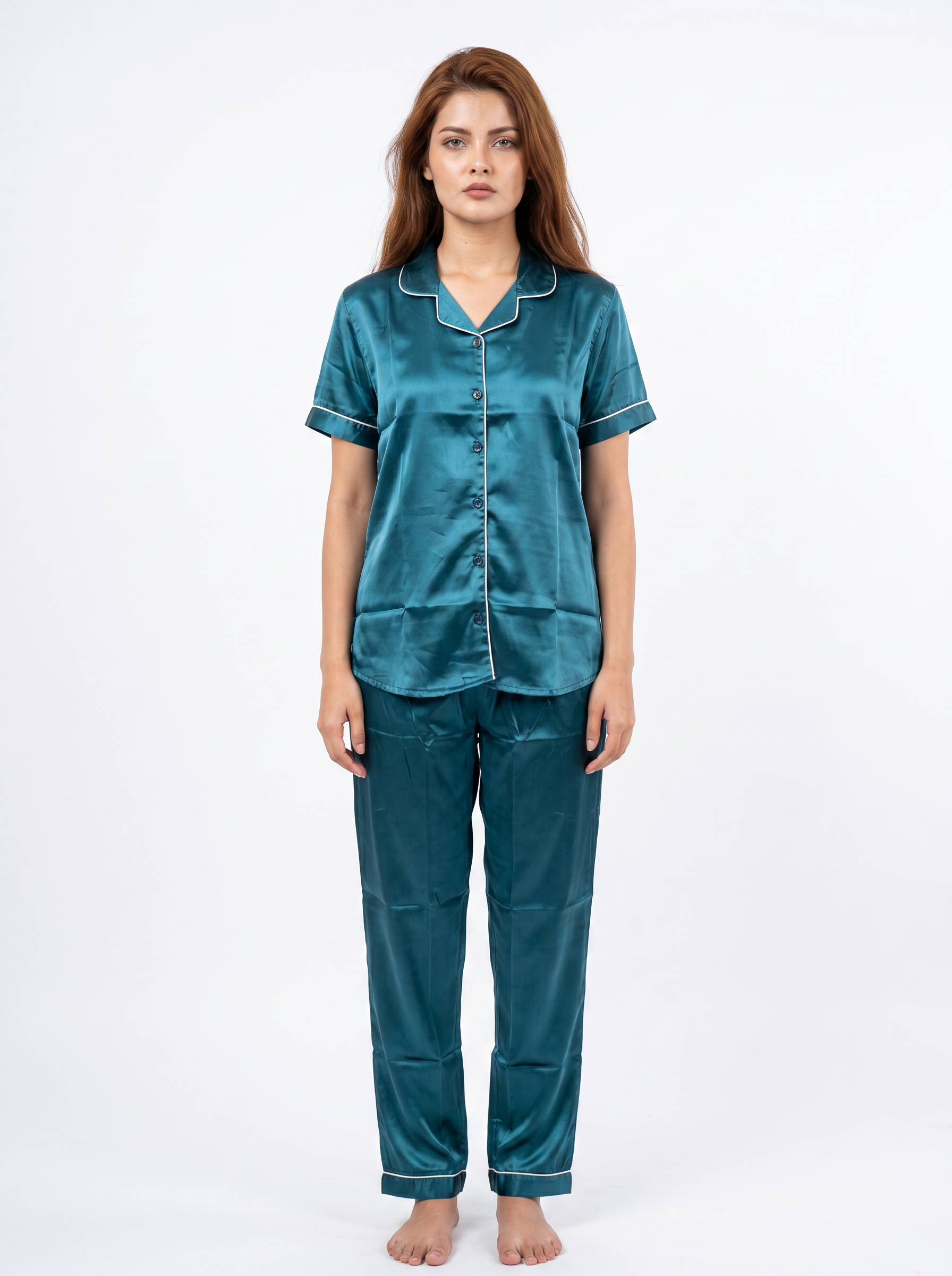 Satin Top with Pyjama Night Suit - Peacock - 13368