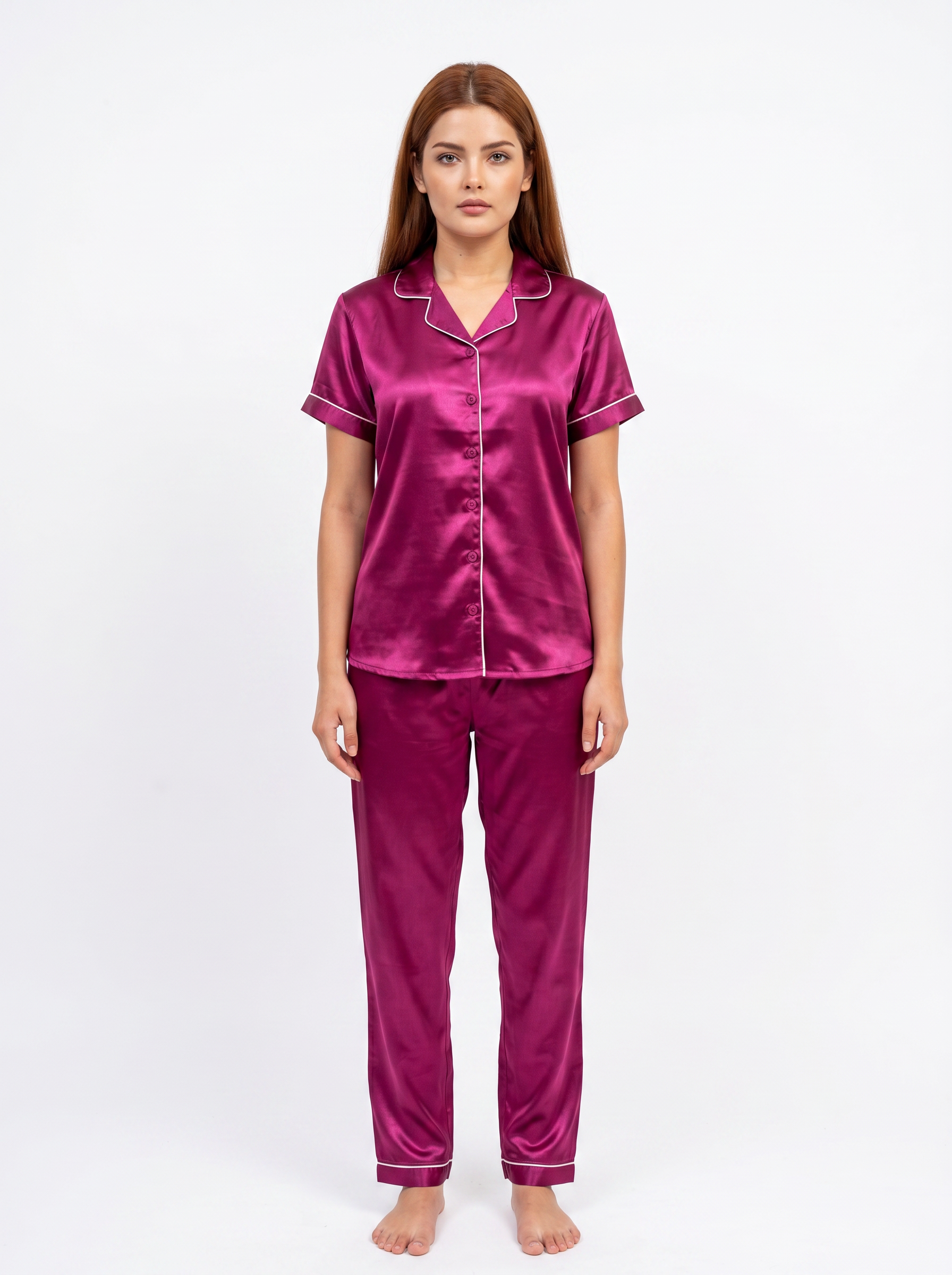 Satin Top with Pyjama Night Suit - Cherry - 13368