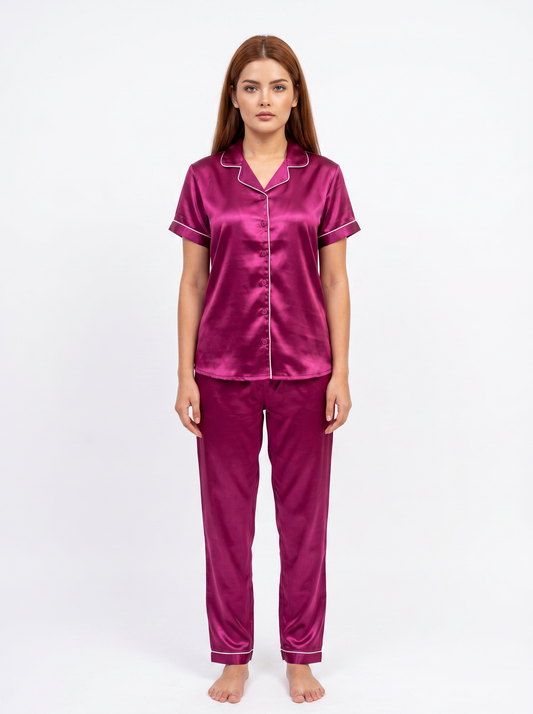 Satin Top with Pyjama Night Suit - Cherry - 13368
