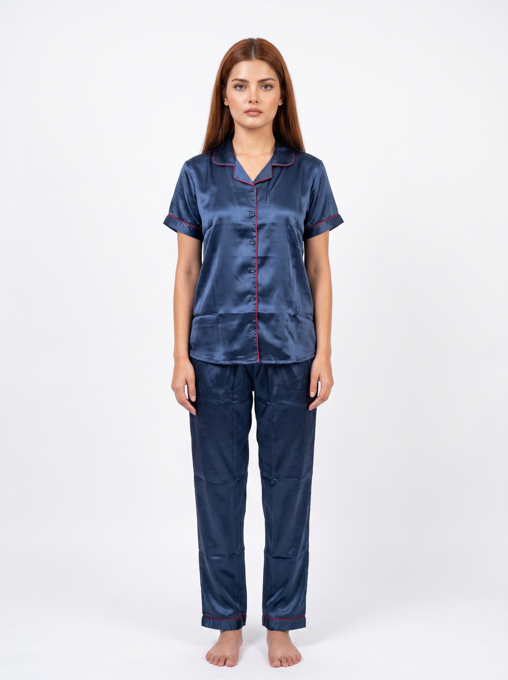Satin Top with Pyjama Night Suit - Navy Blue - 13368