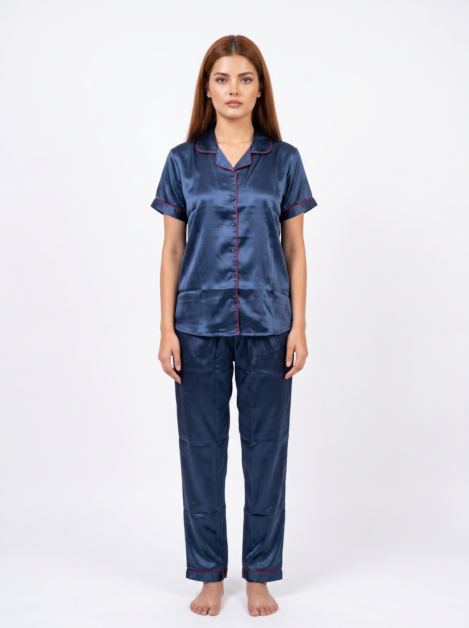 Satin Top with Pyjama Night Suit - Navy Blue - 13368