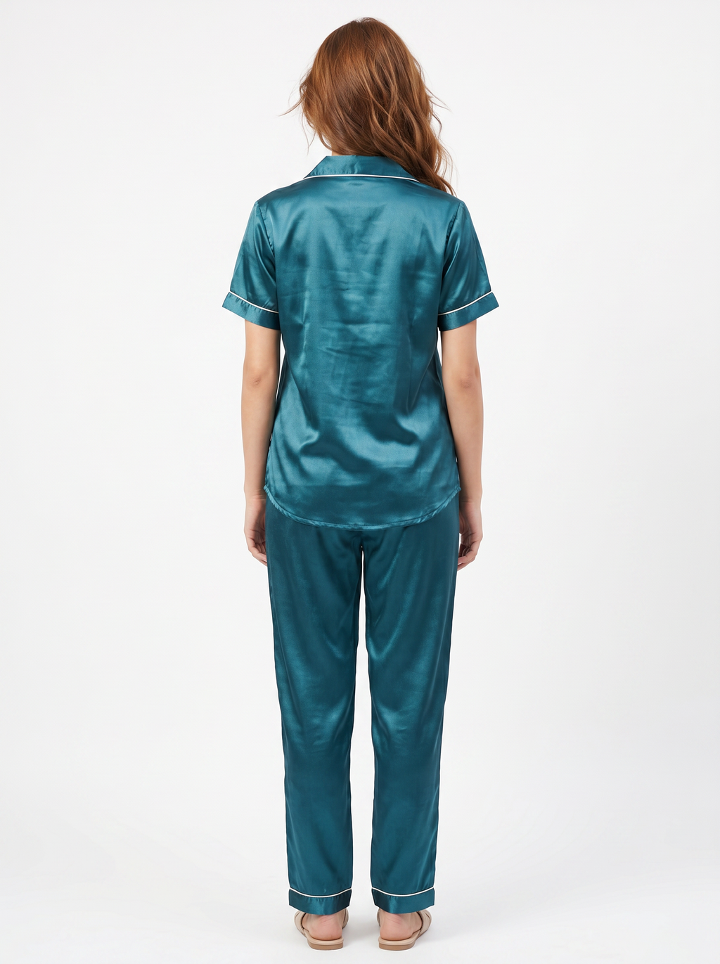 Satin Top with Pyjama Night Suit - Peacock - 13368