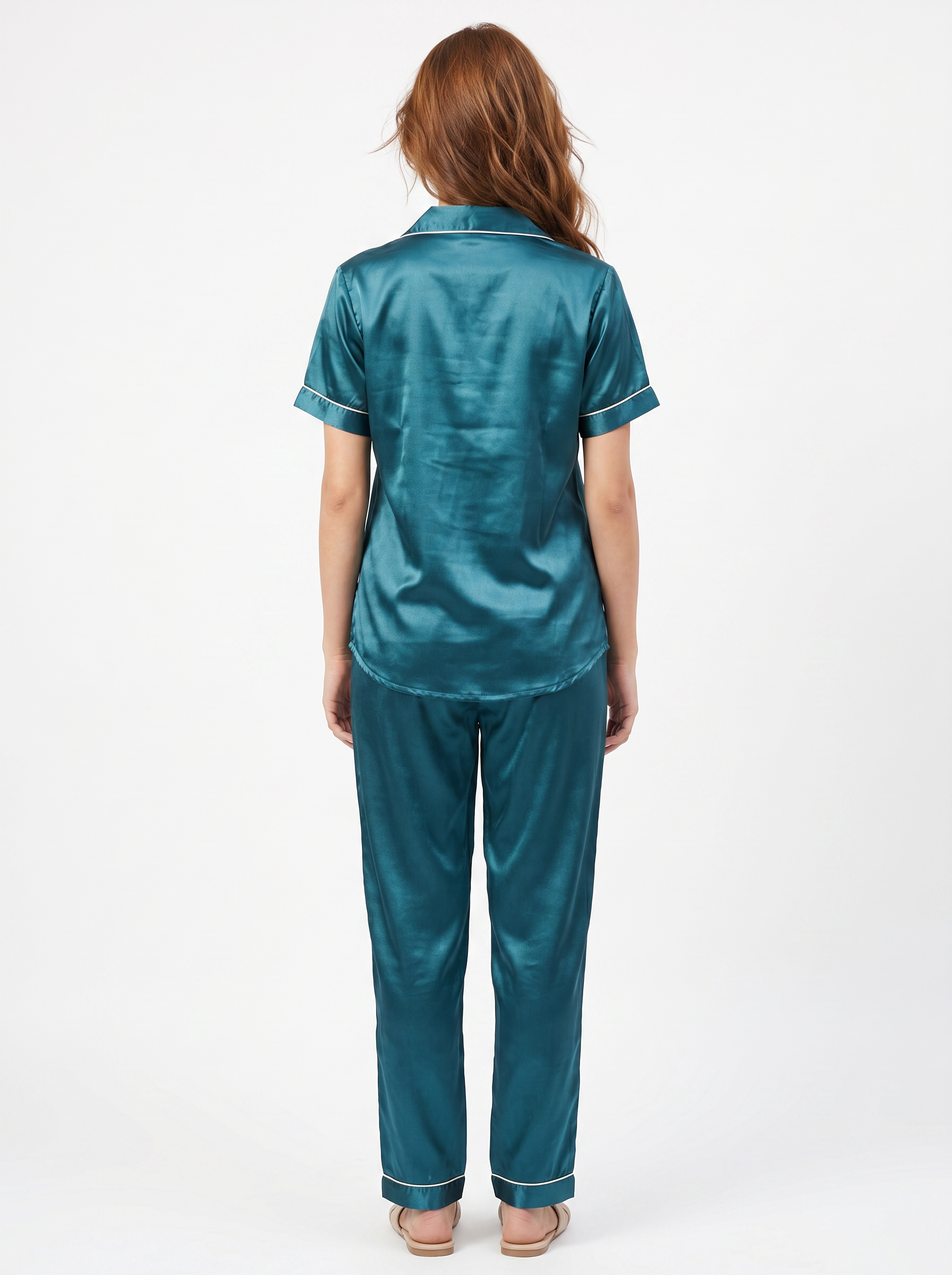 Satin Top with Pyjama Night Suit - Peacock - 13368