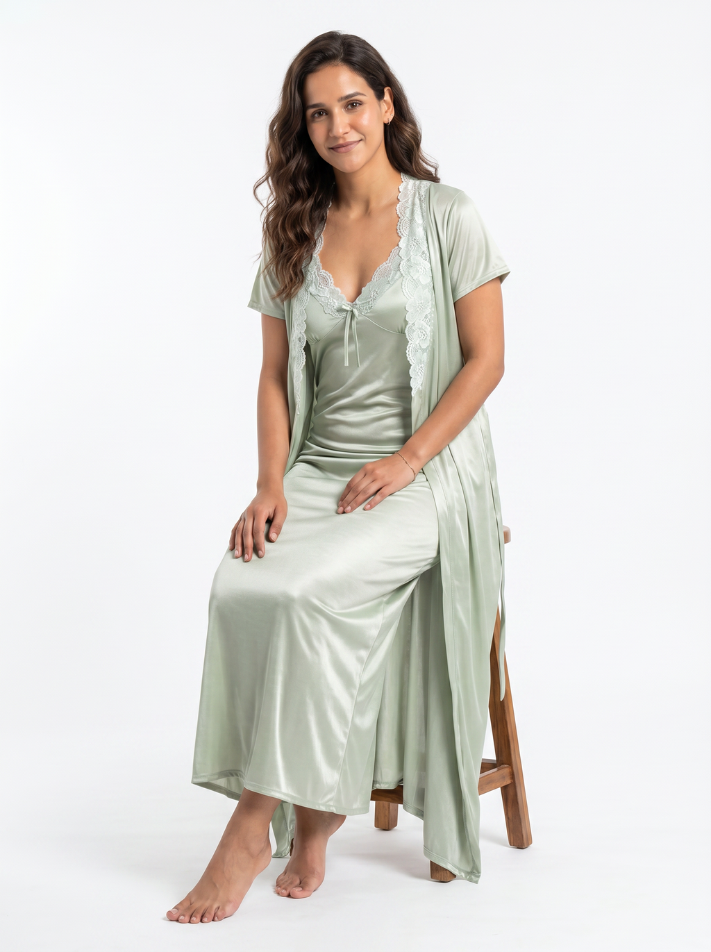 Satin Long Bridal Night Wear - Green - 1500G