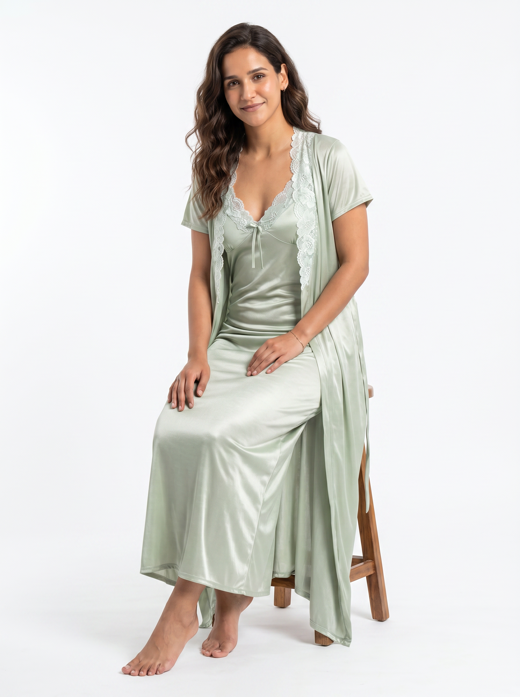Satin Long Bridal Night Wear - Green - 1500G